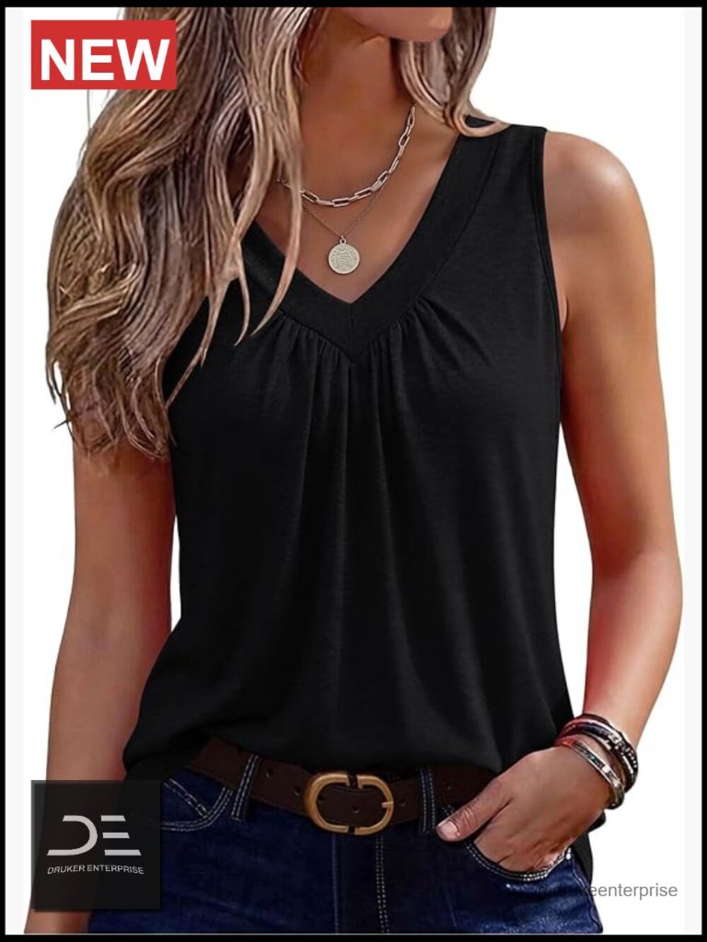 Sleeveless V-Neck Pleated Tank Top Loose Fit Summer Blouse